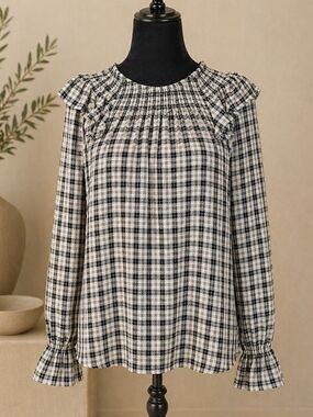 Plaid Ruffle Yoke Long-Sleeve Top - Black & White